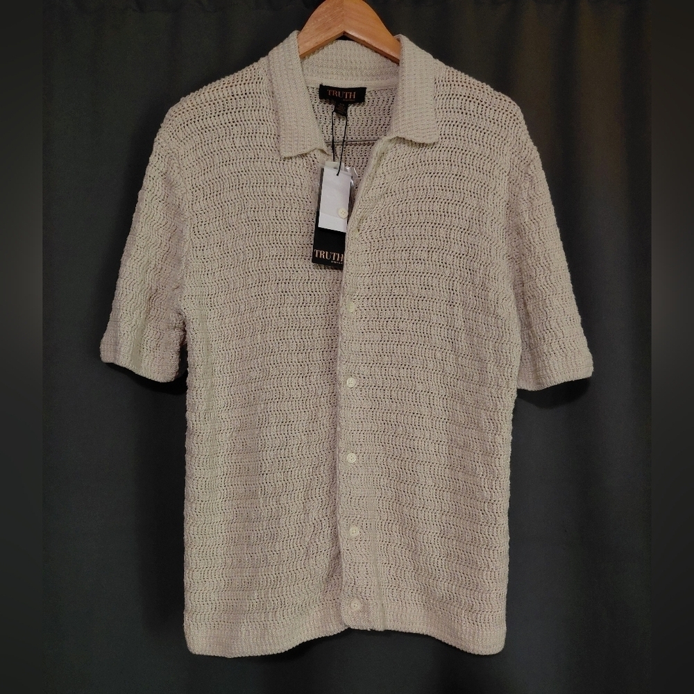 Truth Beige Men's Short Sleeve Crochet Knit Button Up Top NWT